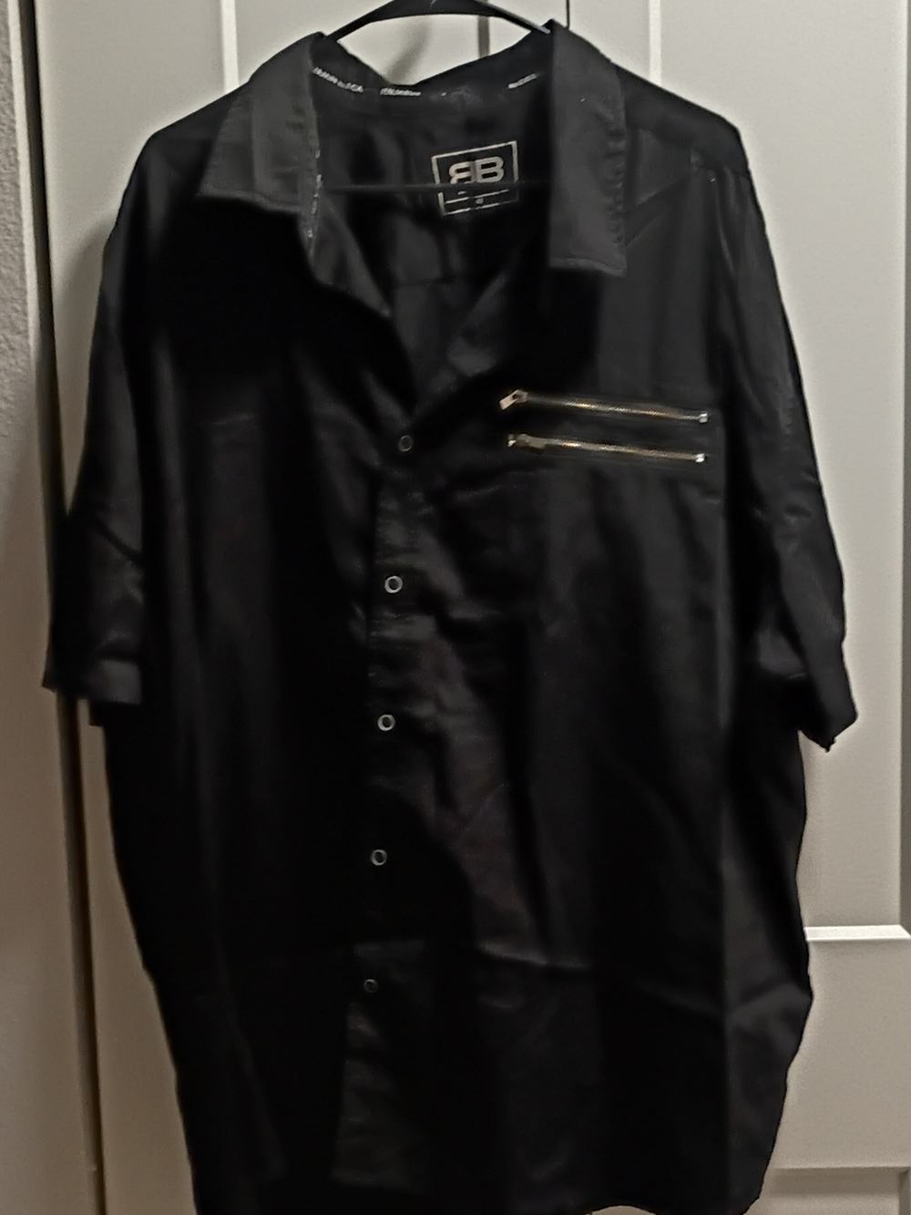 Black Short Sleeve Button-Down Shirt with Zip Chest Pockets